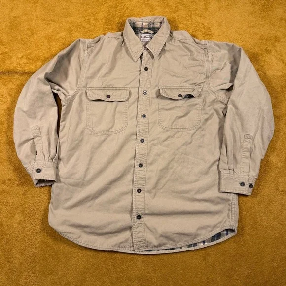 LL Bean Corduroy Shirt Jacket Men's M Plaid Flannel Lined Brown Chore Coat VTG - Picture 1 of 16
